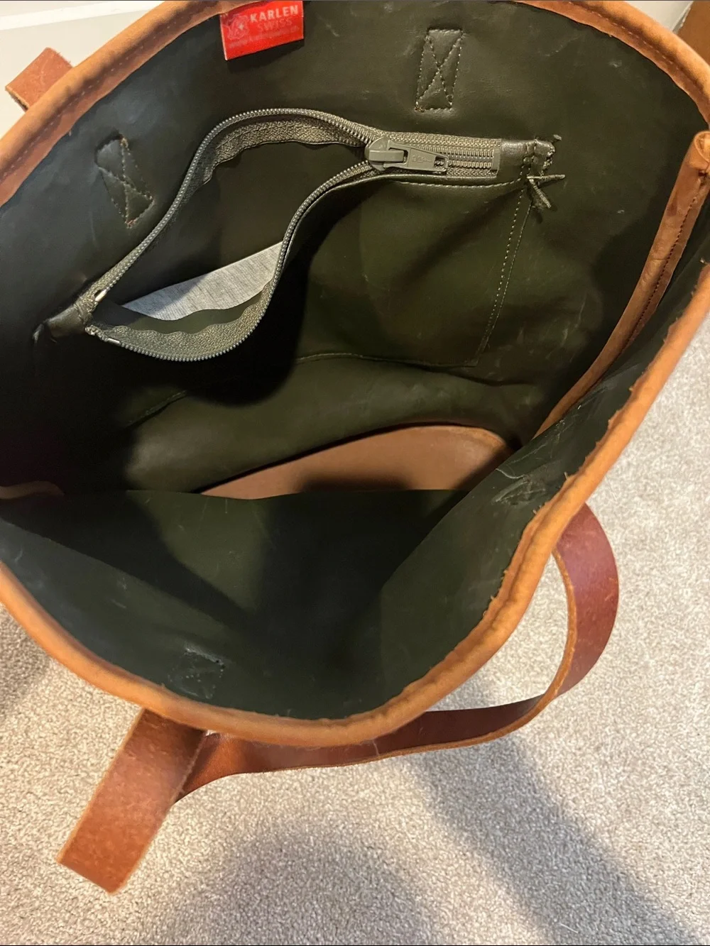 Karlen Swiss Tote in Gray with Rust Stripe and Cream Cross Accent